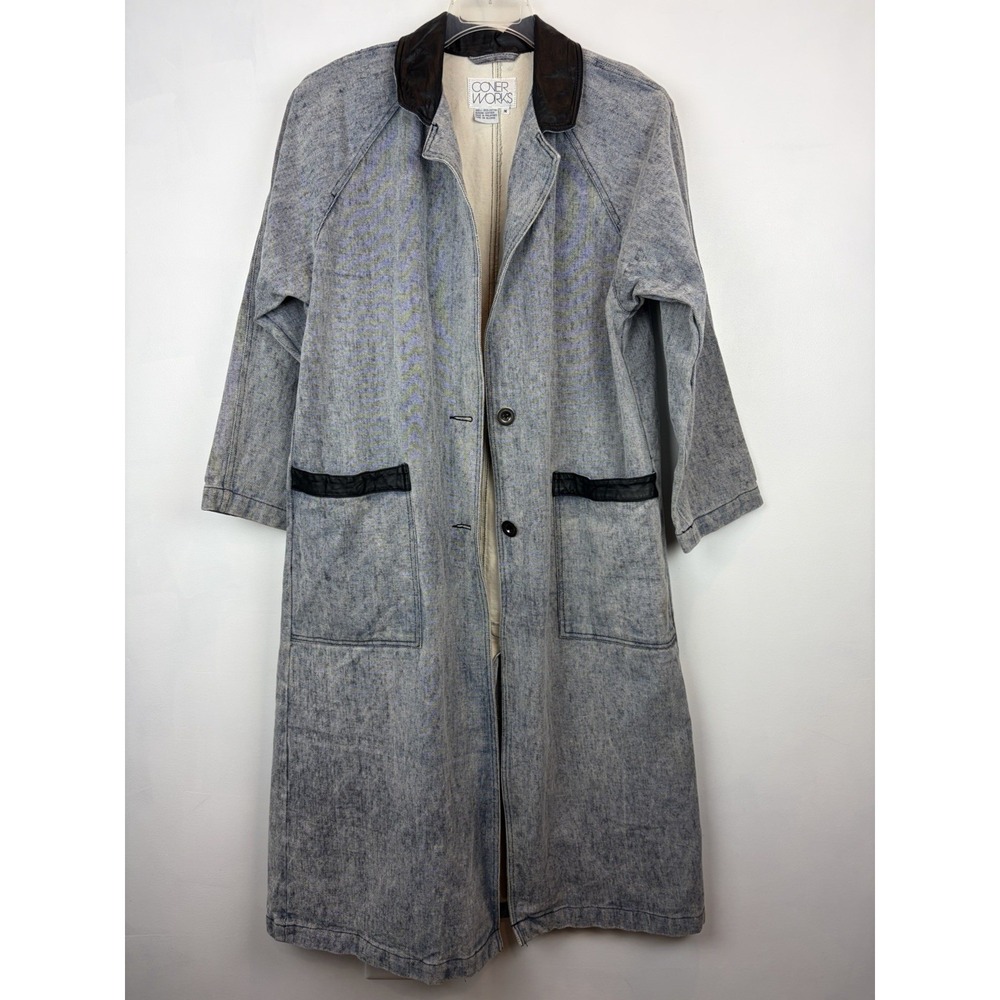 Vintage Acid Wash Denim Trench Coat Womens Medium Gray Long Leather Trim Read